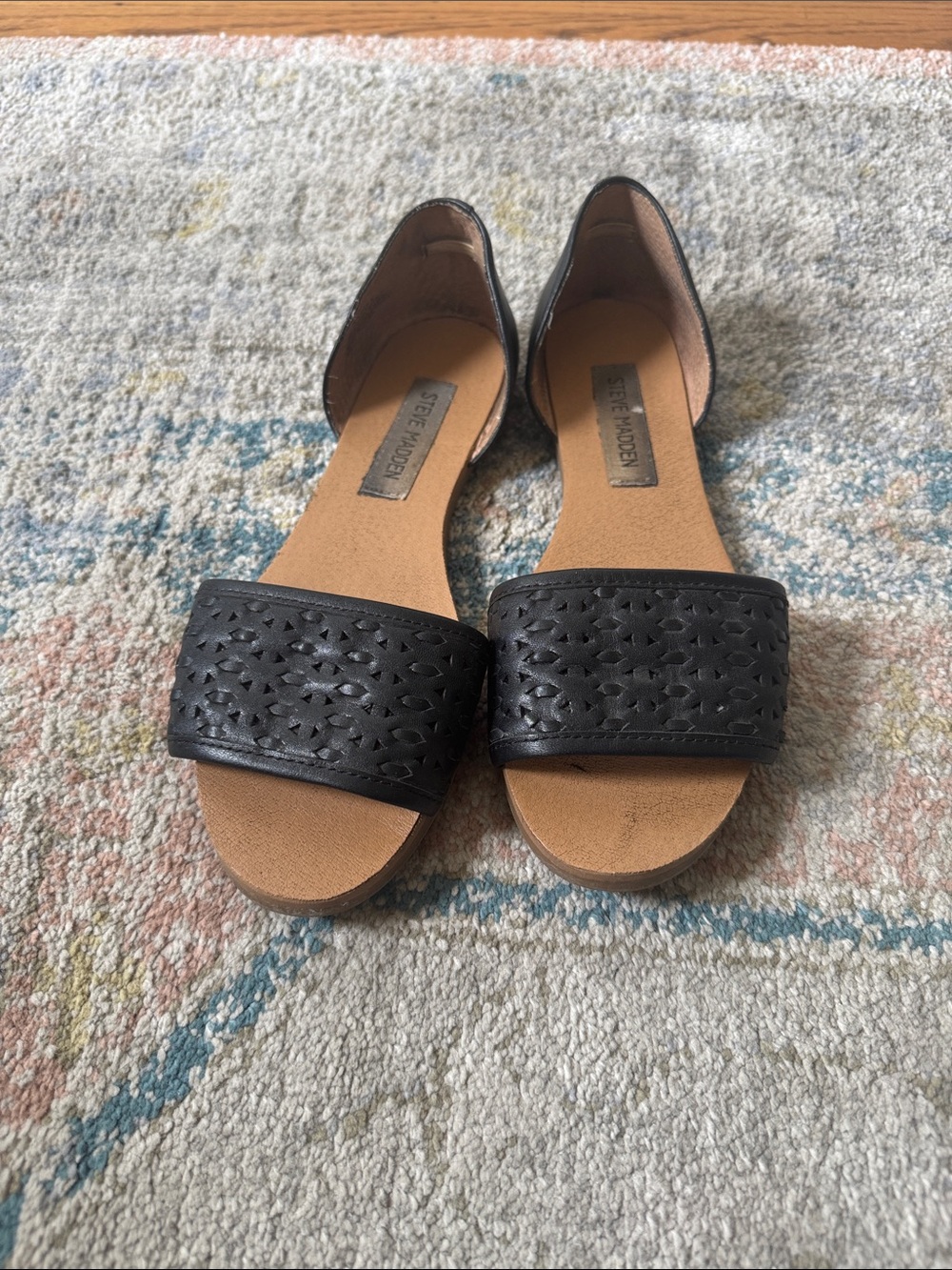 Steve Madden Black Laser-Cut D'Orsay Sandals with Tan Footbed